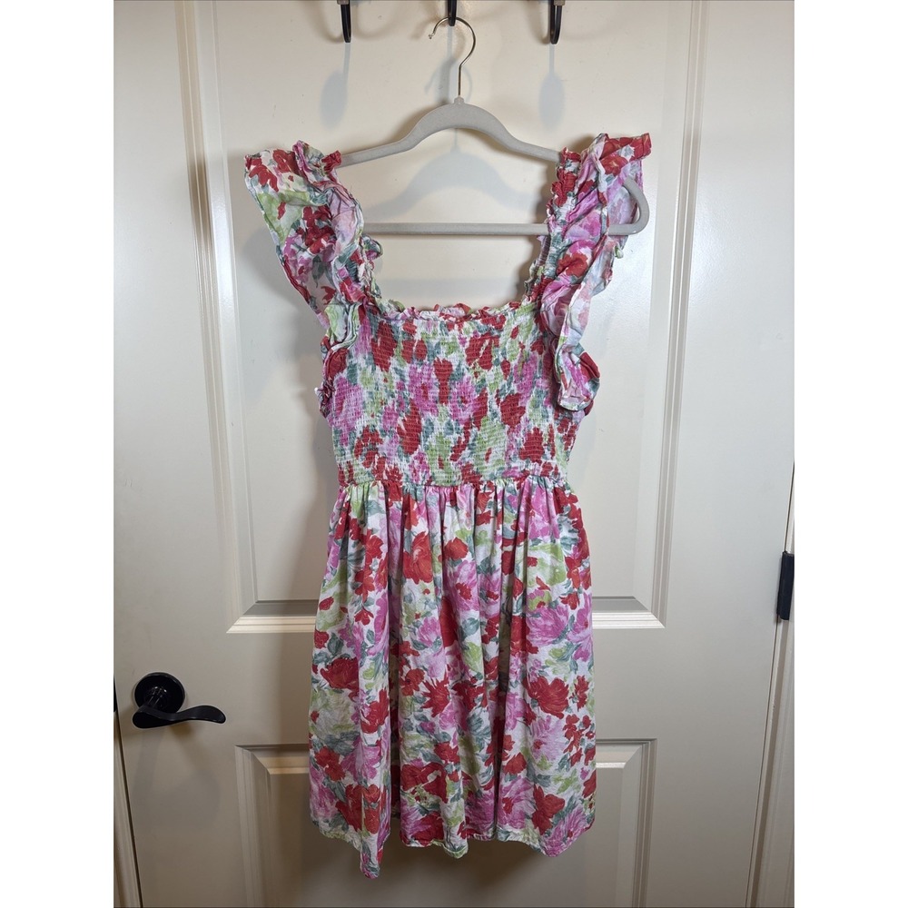 Entro Floral Smocked Mini Dress | Pink Ruffle Flutter Sleeve Square Neck Large
